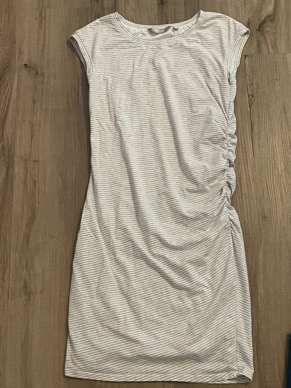 Athleta White and Light Gray Striped Side-Ruched carefree Dress